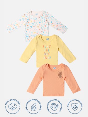 NautiNati Baby Girls Printed Pure Cotton Regular T Shirt(Orange, Pack of 3)