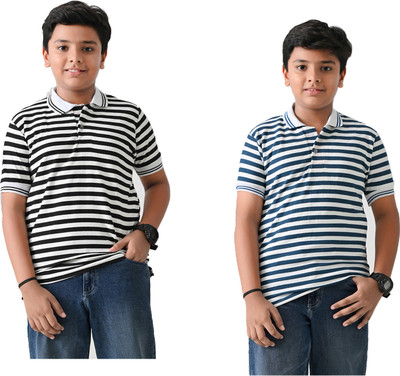 IndiWeaves Boys Striped Pure Cotton Regular T Shirt(Light Green, Grey, Pack of 2)