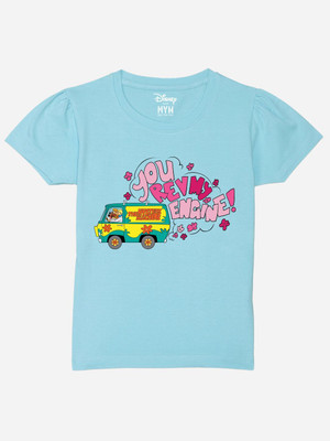 WYM TREND Girls Printed Pure Cotton Regular T Shirt(Blue, Pack of 1)