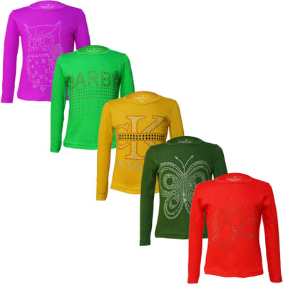 Eazy Trends Girls Printed Pure Cotton Regular T Shirt(Red, Pack of 5)