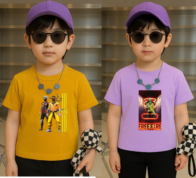 Lecowar Boys Printed Polyester Regular T Shirt(Yellow, Purple, Pack of 2)