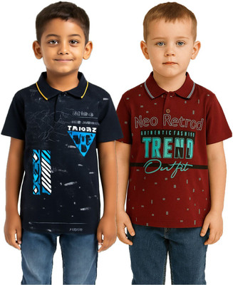 CUTEBOYS Boys Printed Cotton Blend Regular T Shirt(Blue, Maroon, Pack of 2)