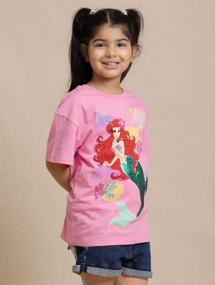 FASTCRY Girls Printed Pure Cotton Oversized T Shirt(Pink, Pack of 1)