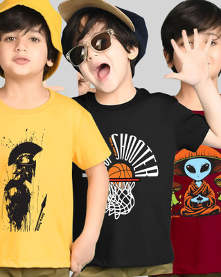 AOOSH Boys Printed Cotton Blend Regular T Shirt(Maroon, Yellow, Pack of 3)