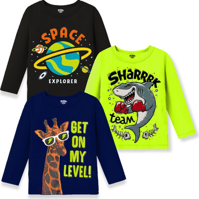 Berry Joy Boys Printed Cotton Blend Regular T Shirt(Multicolor, Pack of 3)