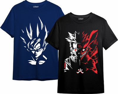 Litway Boys Printed Pure Cotton Regular T Shirt(Black, Dark Blue, Pack of 2)