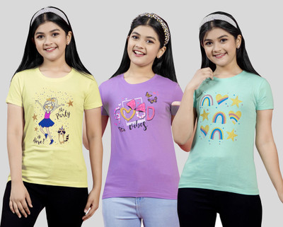 Zuniors-SSC Girls Graphic Print Pure Cotton Regular T Shirt(Multicolor, Pack of 3)