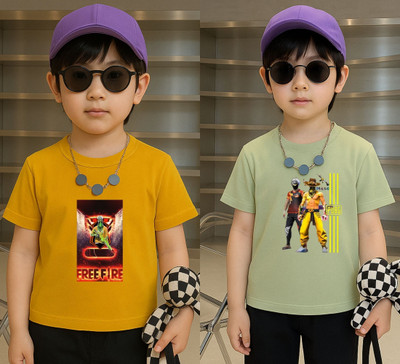 Lecowar Boys Printed Polyester Regular T Shirt(Yellow, Green, Pack of 2)