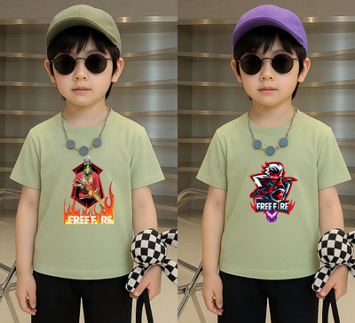 Lecowar Boys Printed Polyester Regular T Shirt(Green, Pack of 2)