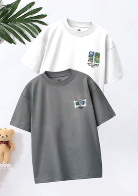 Codez Boys Graphic Print Pure Cotton Oversized T Shirt(Grey, White, Pack of 2)