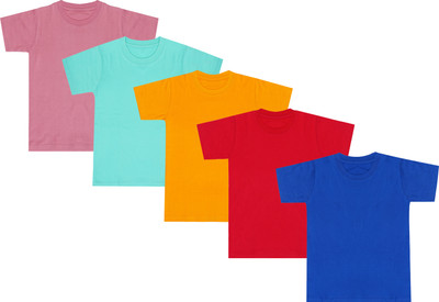 YARNVA Boys & Girls Solid Cotton Blend Regular T Shirt(Multicolor, Pack of 5)