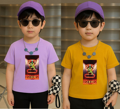 Lecowar Boys Printed, Graphic Print Polyester Regular T Shirt(Purple, Yellow, Pack of 1)