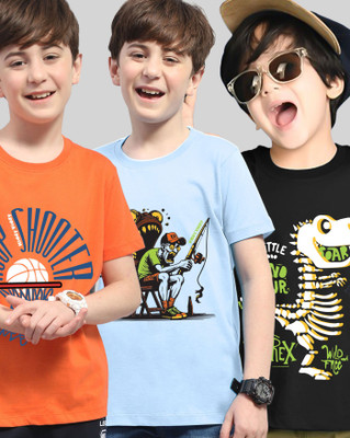 AOOSH Boys Printed Cotton Blend Regular T Shirt(Orange, Black, Pack of 3)