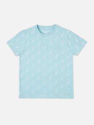 Pepe Jeans Boys Printed Pure Cotton Regular T Shirt(Blue, Pack of 1)