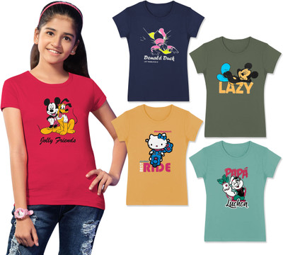 AEEGEE Girls Printed Cotton Blend Regular T Shirt(Multicolor, Pack of 5)