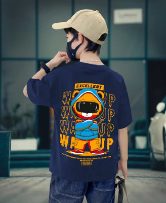 BuckleMen Boys Printed Pure Cotton Oversized T Shirt(Dark Blue, Pack of 1)