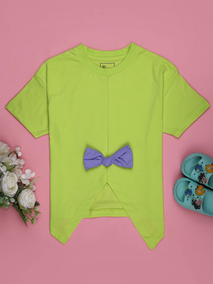 V-MART Girls Solid Cotton Blend Regular T Shirt(Light Green, Pack of 1)
