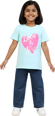 estuna Girls Graphic Print Pure Cotton Regular T Shirt(Light Blue, Pack of 1)