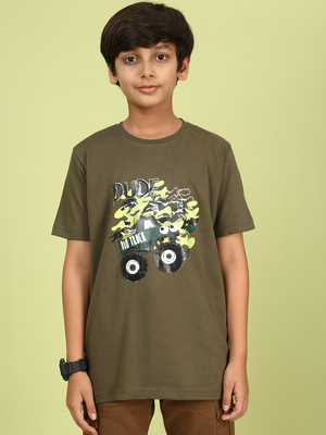 Yk Boys Printed Cotton Blend Regular T Shirt(Green, Pack of 1)