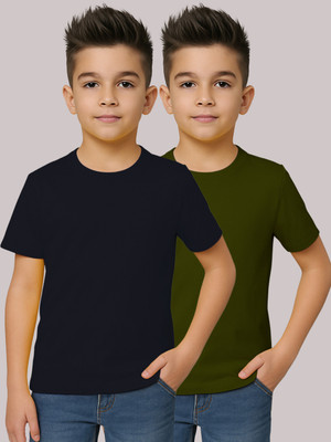 FBAR Boys Solid Pure Cotton Regular T Shirt(Dark Blue, Pack of 2)