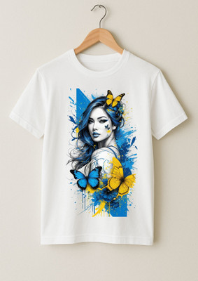 Kid's Yuga Girls Printed Cotton Blend Regular T Shirt(White, Pack of 1)