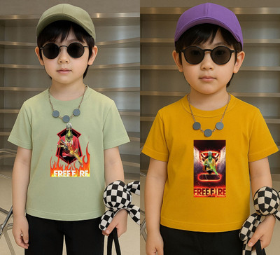 Lecowar Boys Graphic Print Polyester Regular T Shirt(Green, Yellow, Pack of 2)