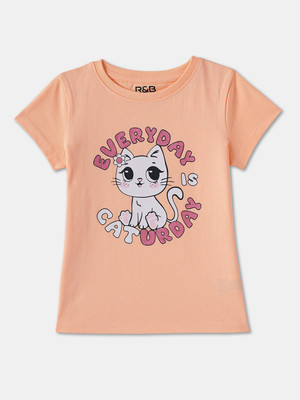 R&B Girls Graphic Print Pure Cotton Regular T Shirt(Beige, Pack of 1)