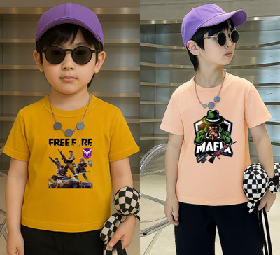 Lecowar Boys Printed Polyester Regular T Shirt(Yellow, Pink, Pack of 2)