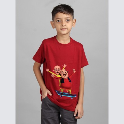 GM TRADE Boys Printed Cotton Blend Regular T Shirt(Maroon, Pack of 1)