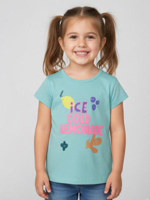 Pink Castle Girls Printed Cotton Blend Regular T Shirt(Blue, Pack of 1)