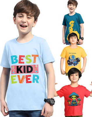 Kiddy Viddy Boys Graphic Print Cotton Blend Regular T Shirt(Yellow, Red, Pack of 4)