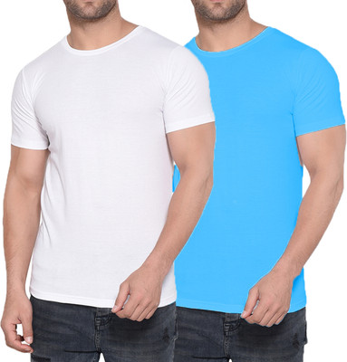 Kroptee Boys Solid Cotton Blend Regular T Shirt(Light Blue, White, Pack of 2)
