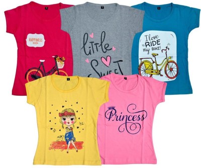 FAZZA Girls Printed Pure Cotton T Shirt(Multicolor, Pack of 5)