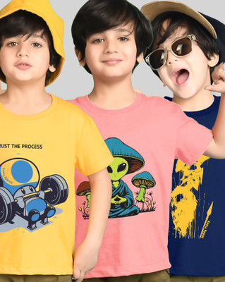 AOOSH Boys Graphic Print Cotton Blend Regular T Shirt(Blue, Pink, Pack of 3)