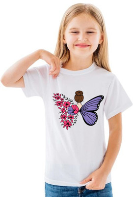 BQC Girls Printed Polyester Regular T Shirt(White, Pack of 1)