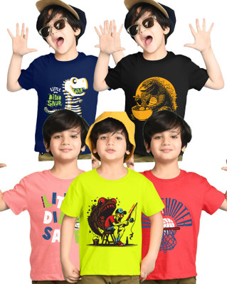 Kiddy Viddy Boys Printed Cotton Blend Regular T Shirt(Multicolor, Pack of 5)