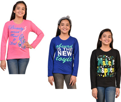 Indistar Girls Printed Pure Cotton Regular T Shirt(Multicolor, Pack of 3)