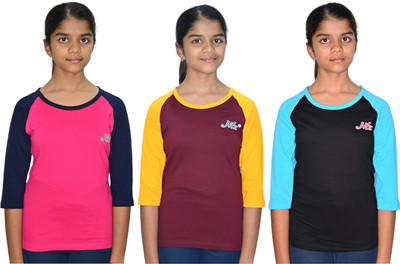 JILZ Girls Colorblock Pure Cotton Regular T Shirt(Multicolor, Pack of 3)