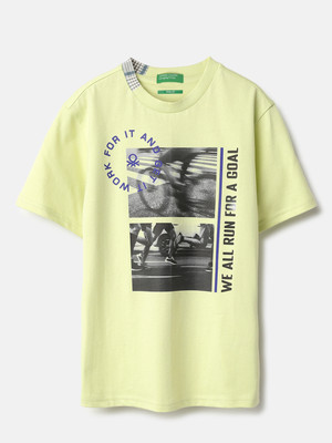 United Colors of Benetton Boys Graphic Print Pure Cotton Regular T Shirt(Light Green, Pack of 1)