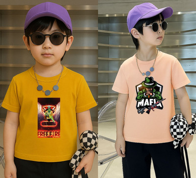 Lecowar Boys Printed Polyester Regular T Shirt(Yellow, Pink, Pack of 1)