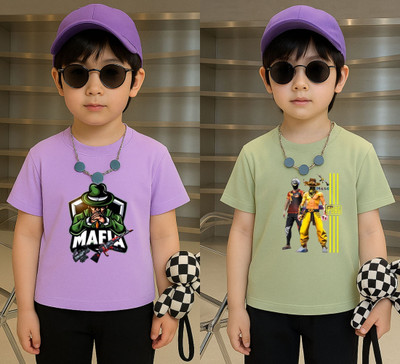 Lecowar Boys Printed Polyester Regular T Shirt(Purple, Green, Pack of 2)