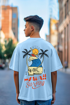Veirdo Boys Printed Pure Cotton Oversized T Shirt(Blue, Pack of 1)