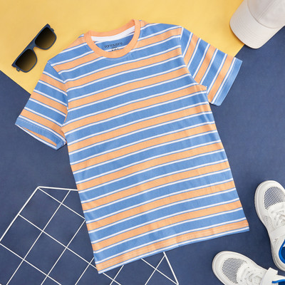 Pantaloons Junior Boys Striped Pure Cotton Regular T Shirt(Pink, Pack of 1)