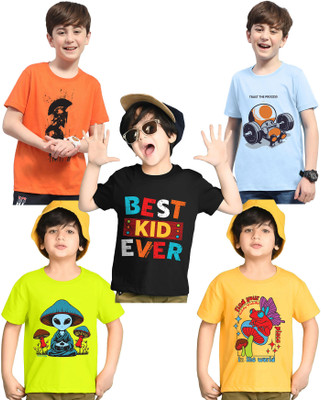 Kiddy Viddy Boys Printed Cotton Blend Regular T Shirt(Multicolor, Pack of 5)