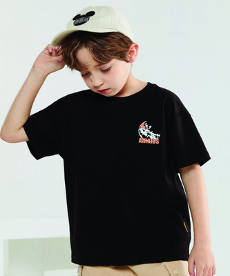 SYDNEY HILLS Boys Printed Pure Cotton Oversized T Shirt(Black, Pack of 1)