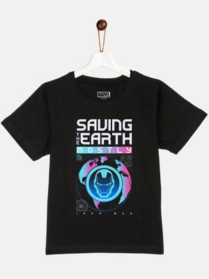 YK Marvel Boys Printed Cotton Blend Regular T Shirt(Black, Pack of 1)