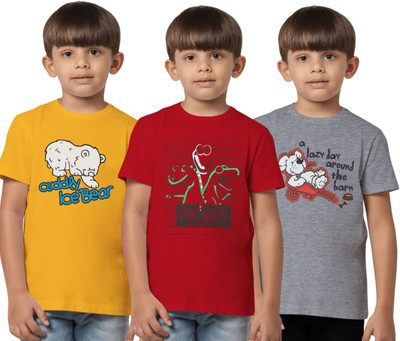 Texman Boys Printed Pure Cotton Regular T Shirt(Multicolor, Pack of 3)