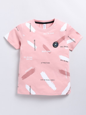 Ginie Boys Typography Pure Cotton Regular T Shirt(Pink, Pack of 1)
