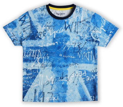 Pepe Jeans Boys Typography, Printed Pure Cotton T Shirt(Blue, Pack of 1)