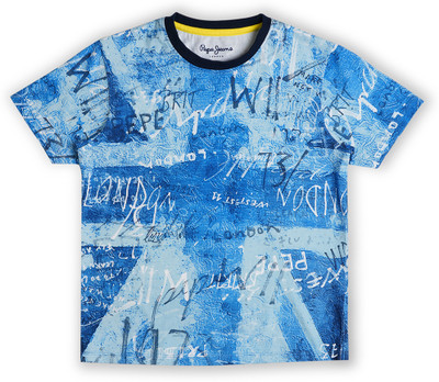 Pepe Jeans Boys Typography, Printed Pure Cotton Regular T Shirt(Blue, Pack of 1)